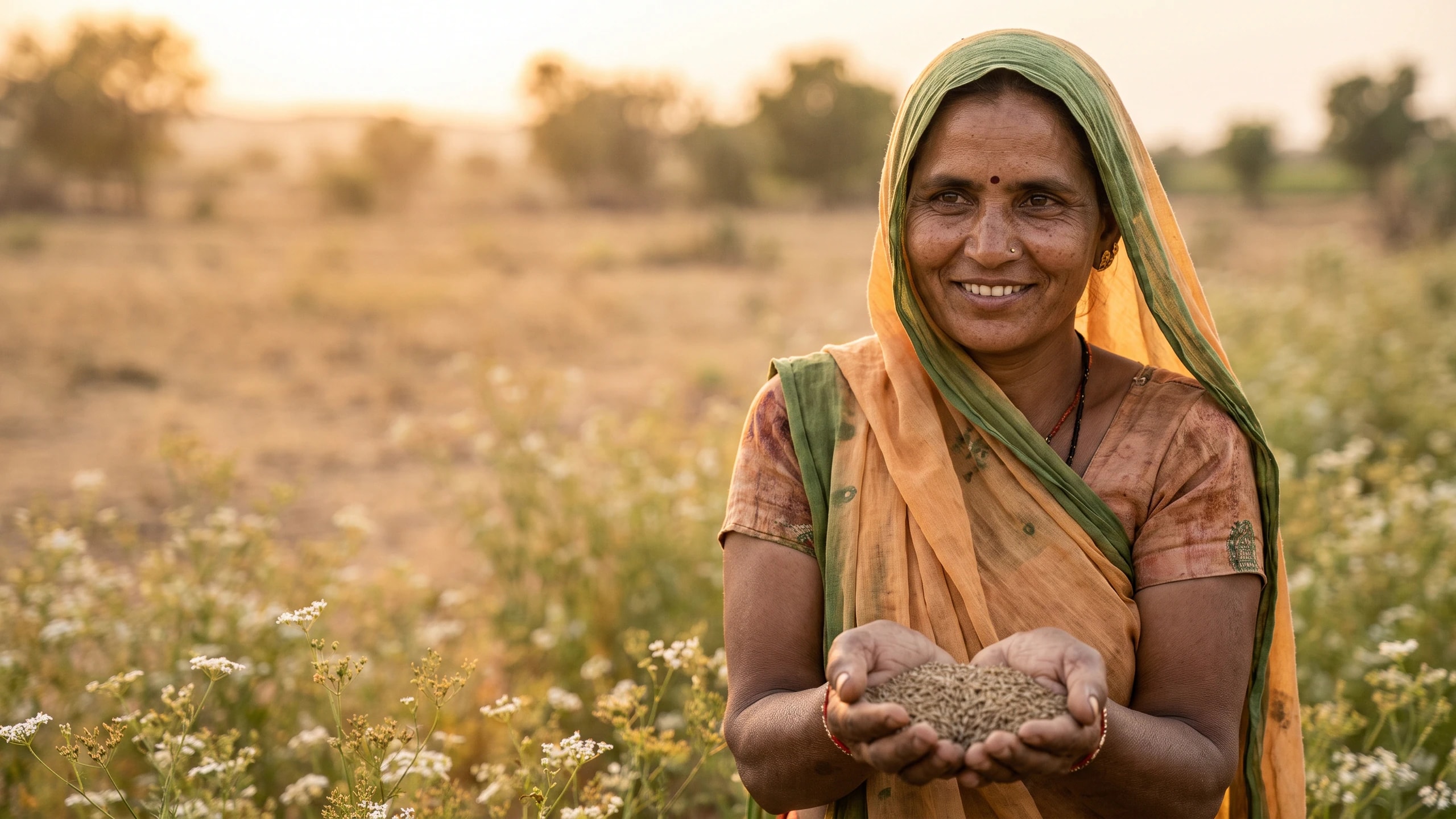 A woman farmer holding cumin seeds in her palms in a flowering cumin field