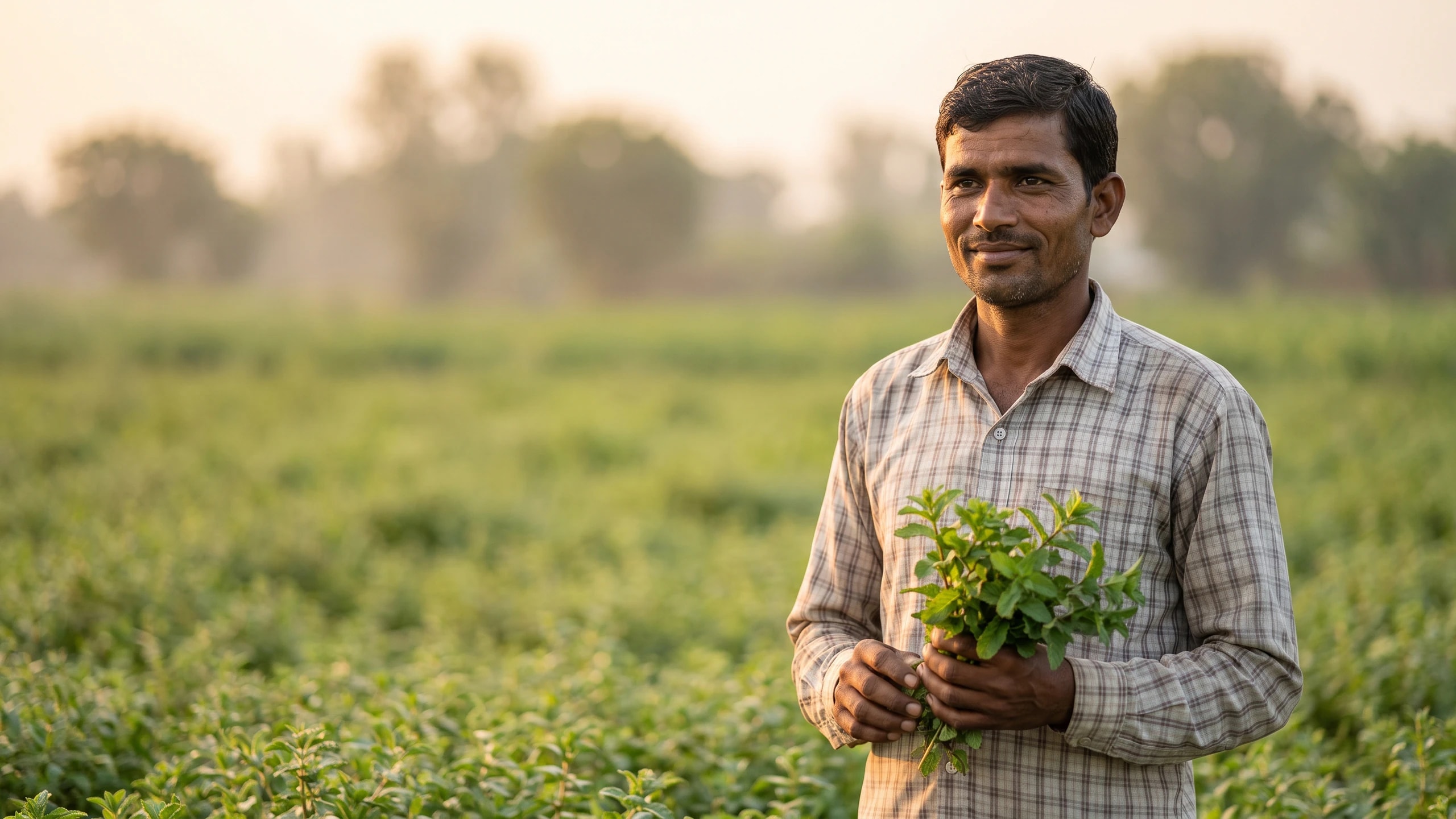 A farmer holding a bunch of fresh mint in a green mint field