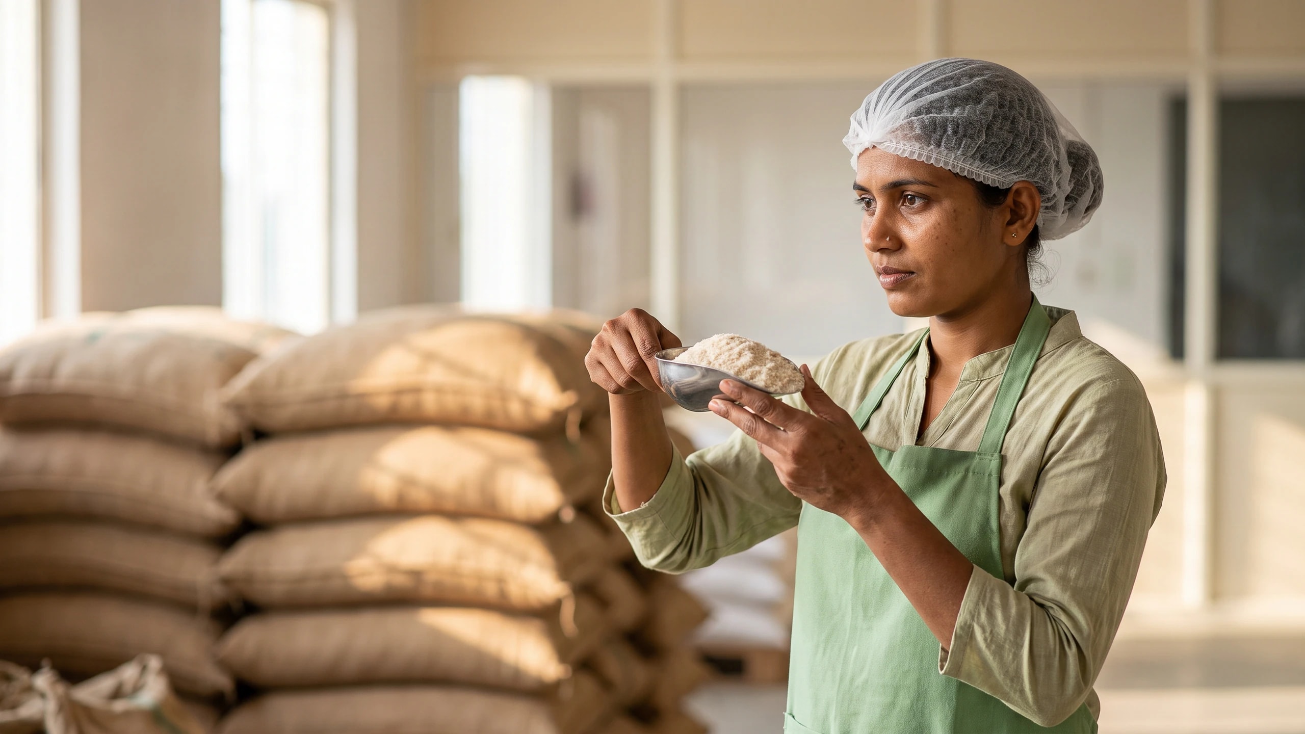 A quality inspector examining a scoop of psyllium husk